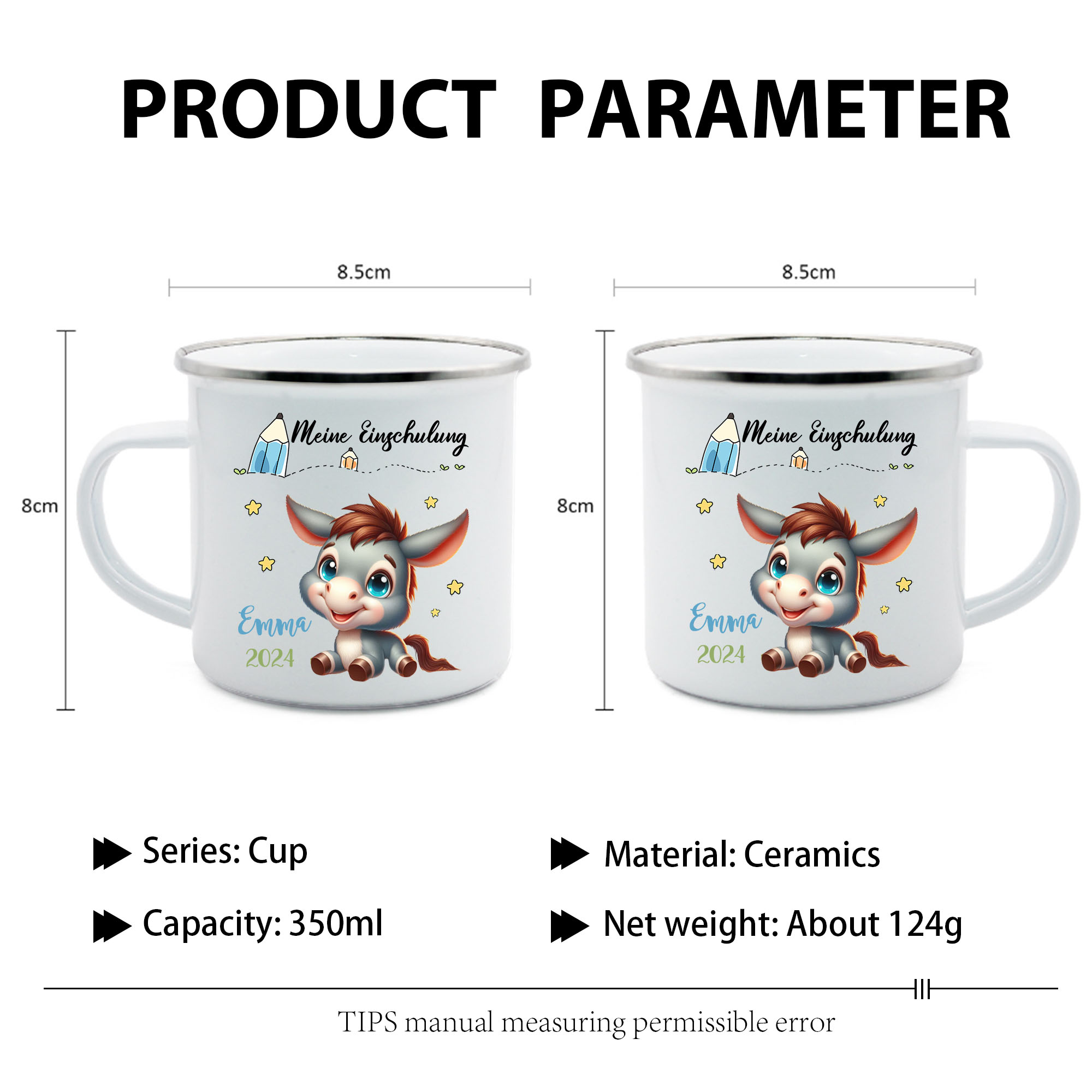 Emaille Tasse-Personalisierter Name & Datum Eselchen Becher -Meine Einschulung- Geschenk zum Schulanfang