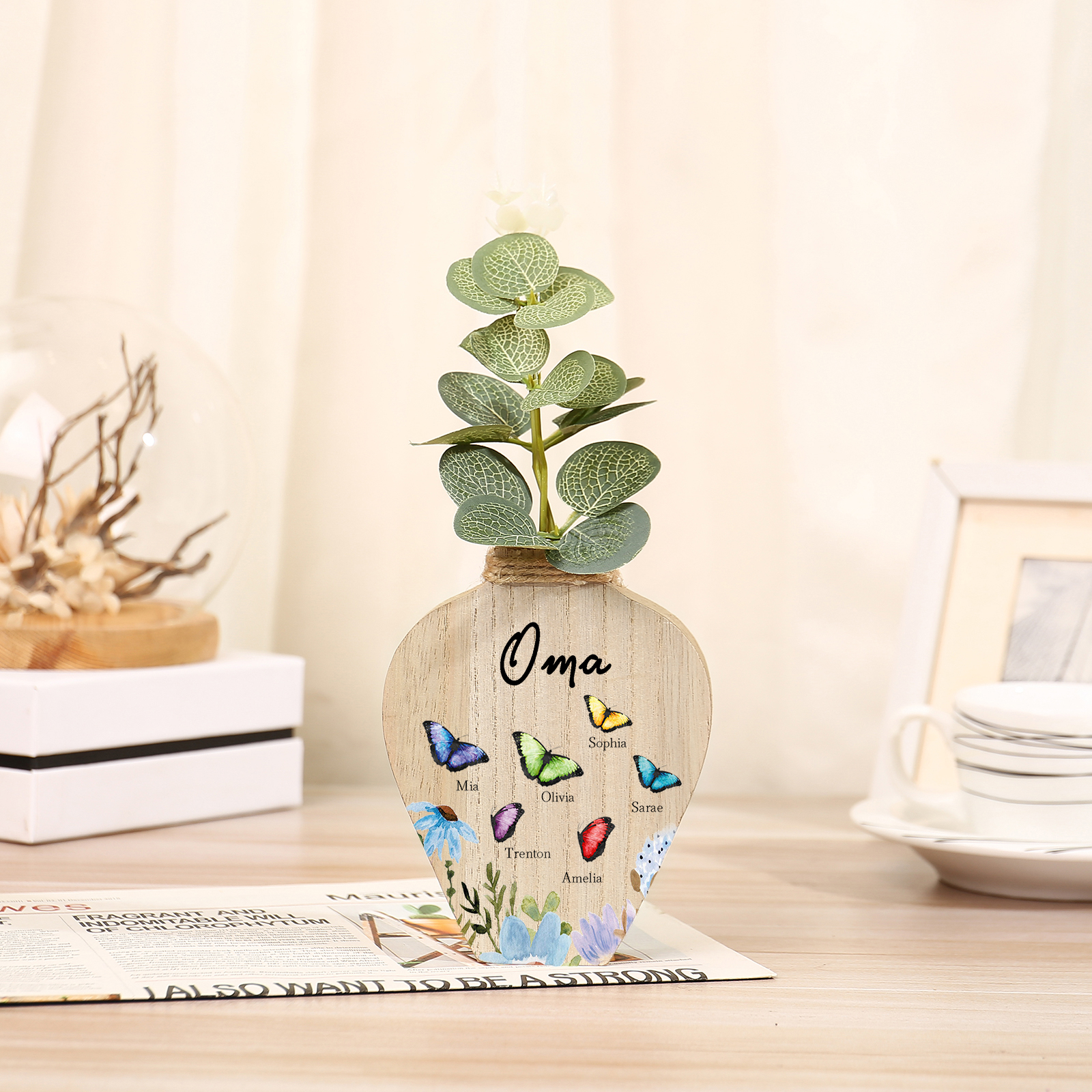 Holz Personalisierter 6 Namen & Text Bunt Schmetterling & Blumen Familie Vase