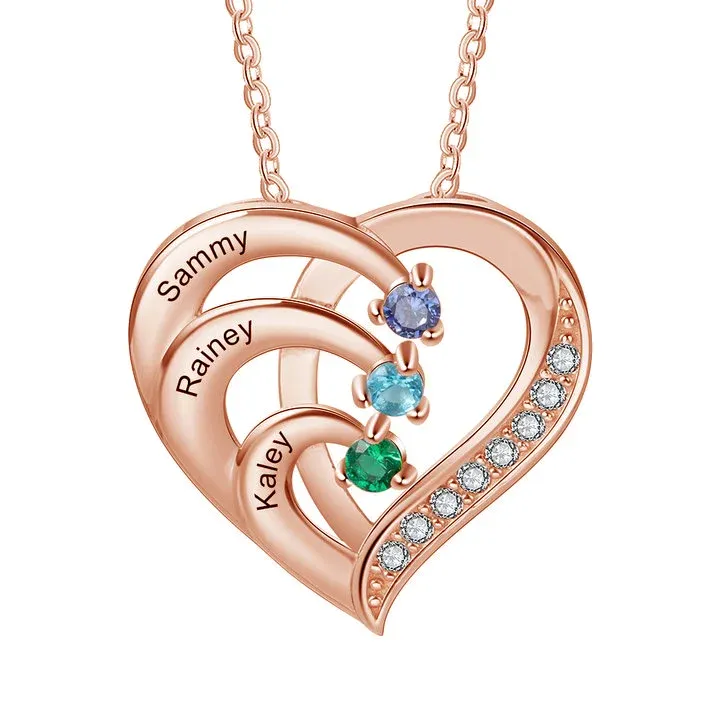 925 Sterling Silber Personalisierte 3 Namen Herz Halskette mit 3 Geburtssteinen