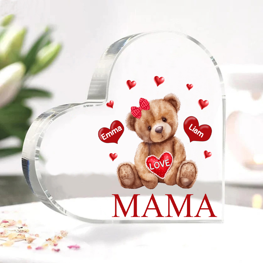 Personalisierte 2 Namen & Text Teddybär Herz Familie Acryl-Deko Schreibtischdekoration für Mutter