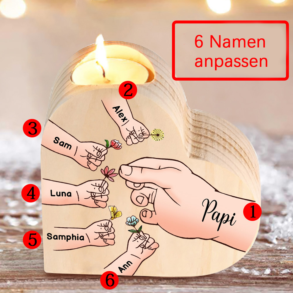 Personalisierte 6 Namen Hand und Hand Herzform Kerzenhalter-Geschenk für Familie
