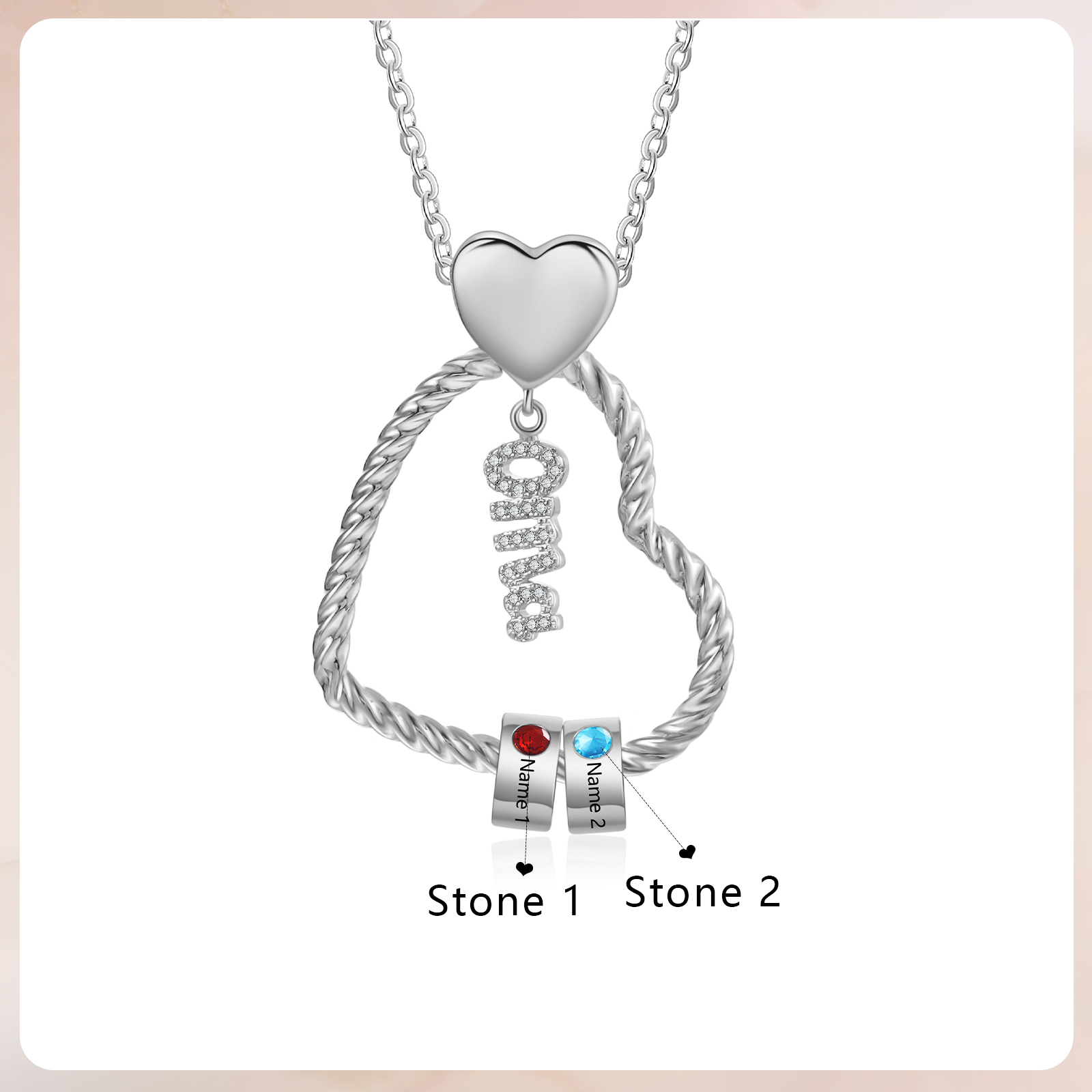 Personalisierte 2 Namen Herz Halskette mit 2 Geburtssteinen - Du machst meine Well bunter. Oma Schön, dass es Dich gibt - Geschenk mit Nachrichtenkarte