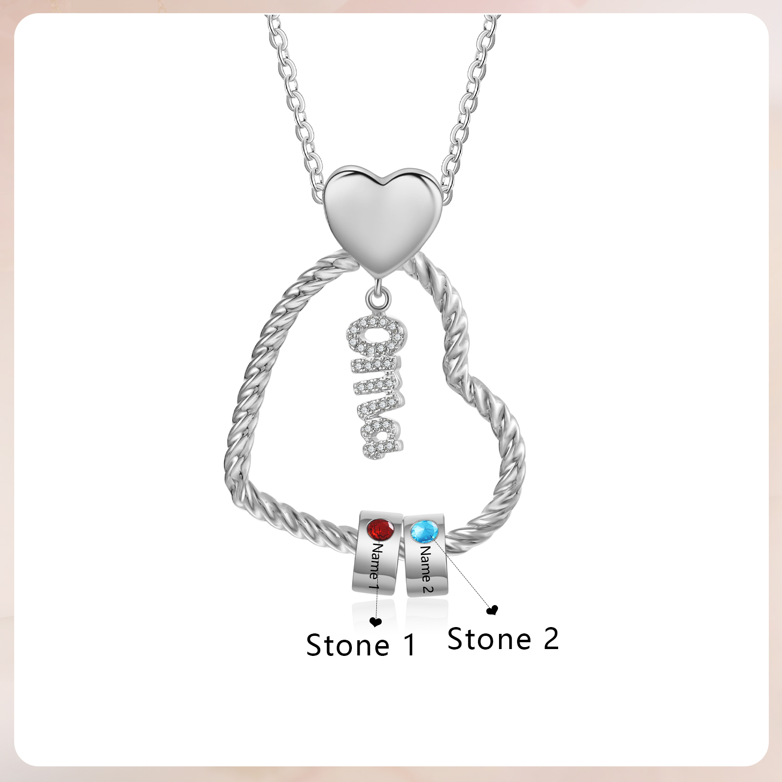 Personalisierte 2 Namen Herz Halskette mit 2 Geburtssteinen - Du machst meine Well bunter. Oma Schön, dass es Dich gibt - Geschenk mit Nachrichtenkarte