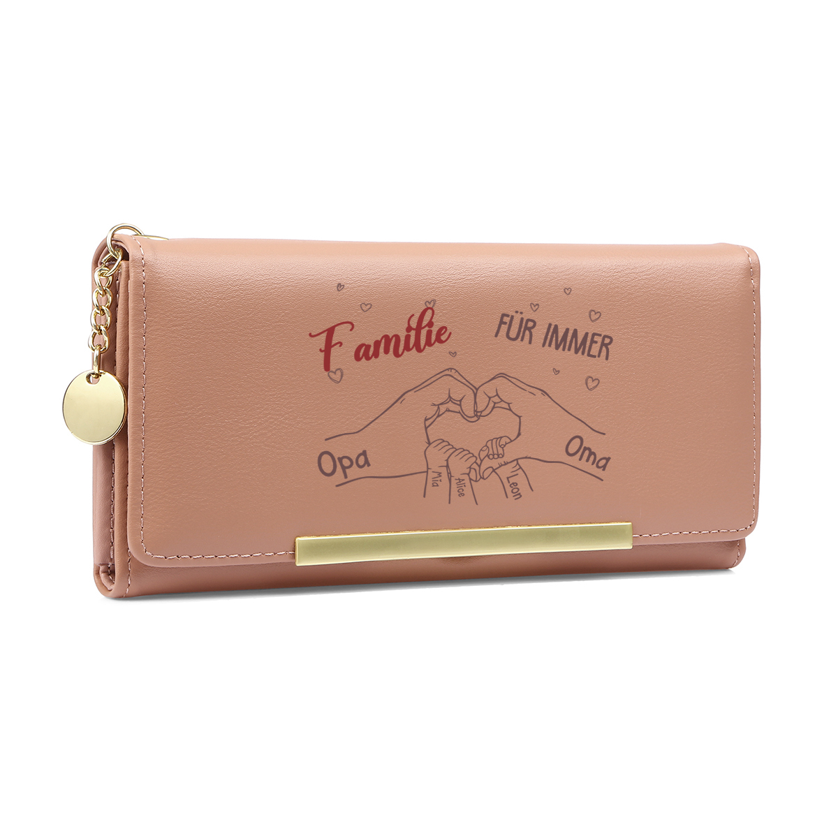 Personalisierte Damen-Geldbörse mit 3 bis 8 Vornamen und einem Motiv von Händen, die ein Herz formen