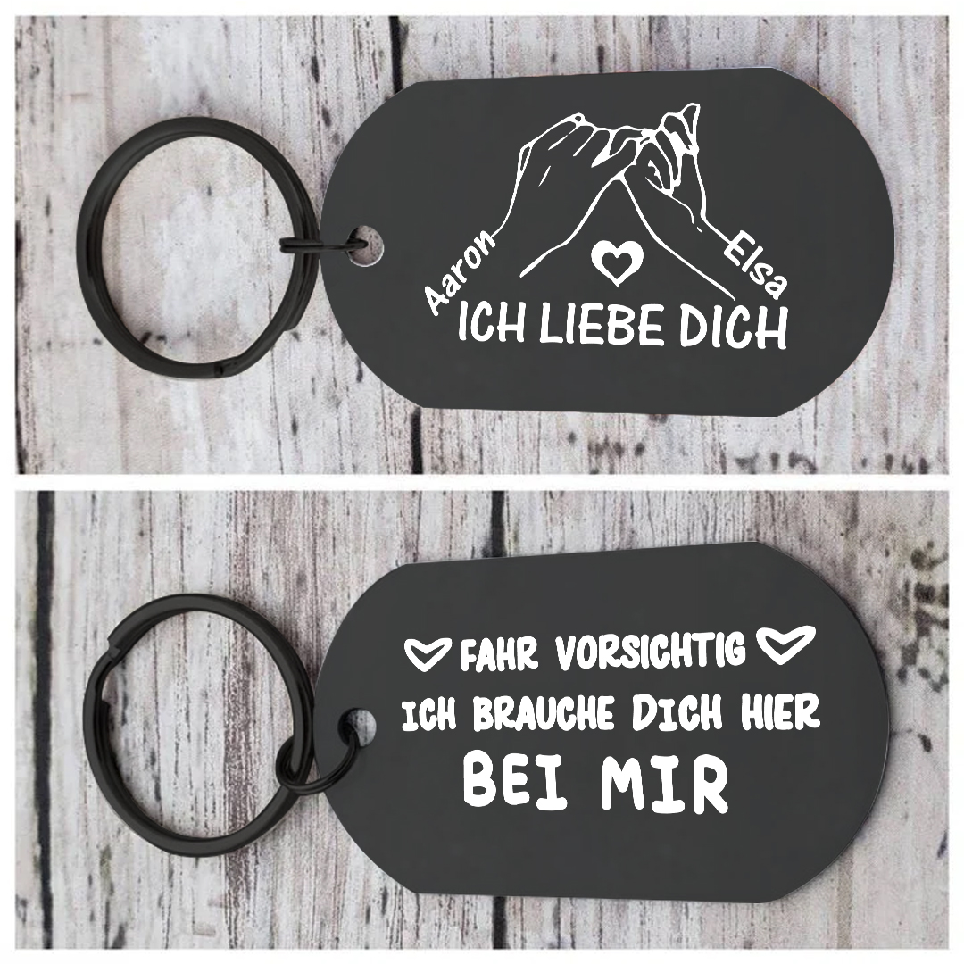 Fahr vorsichtig, ich brauche dich – personalisierter Paar-Schlüsselanhänger, schwarz