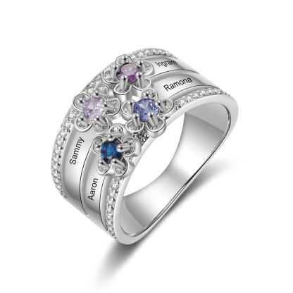 Personalisierter Blumen-Silberring mit 2–4 Namen & Geburtsstein – Geschenk für Mama, Frau