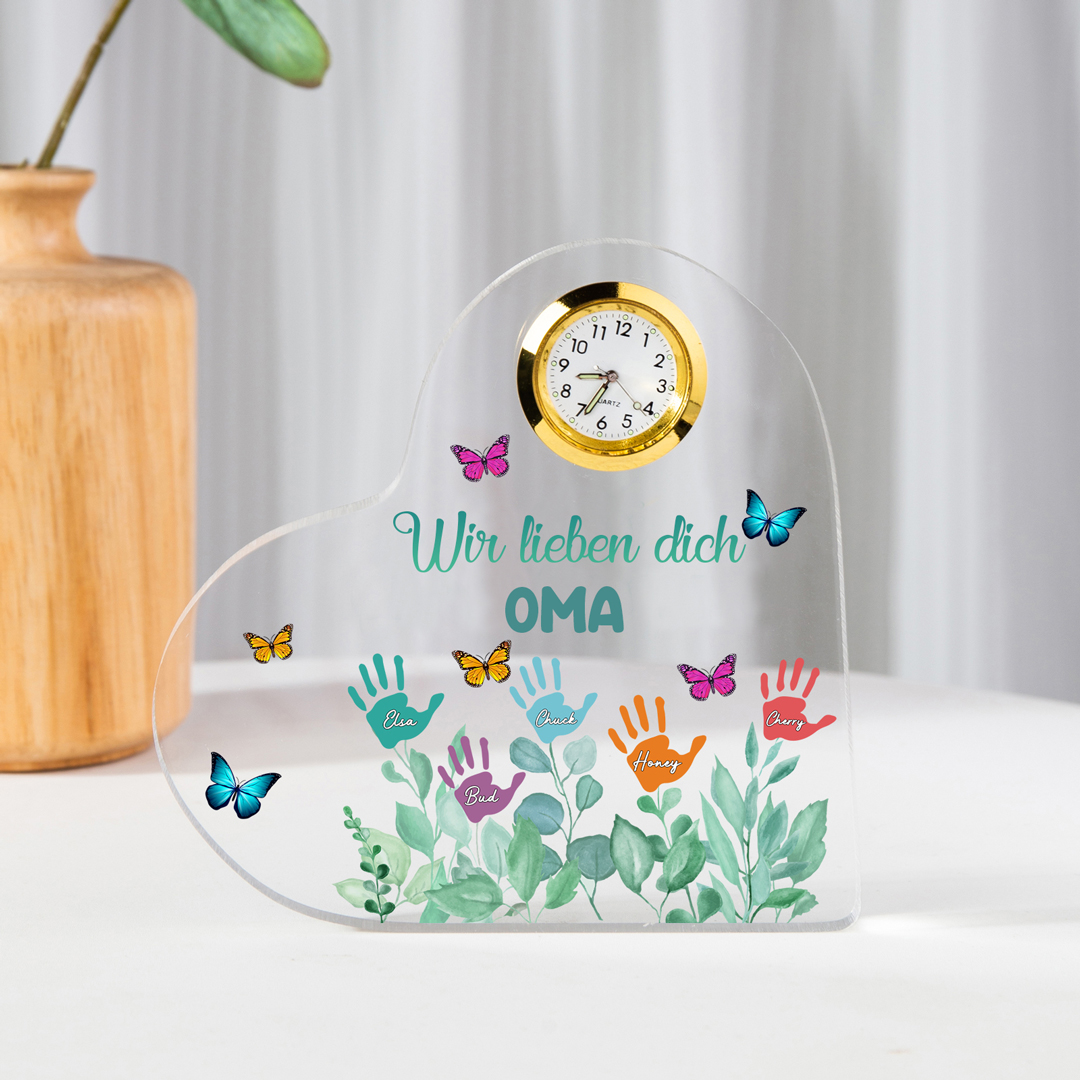 Acryl-Deko mit Uhr-Personalisierte 5 Namen & Text Garten Schreibtischdekoration für Familie