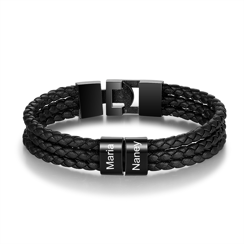 Herren Gravur 1-8 Namen Perlen Dreifach Geflochtenes Leder Armband