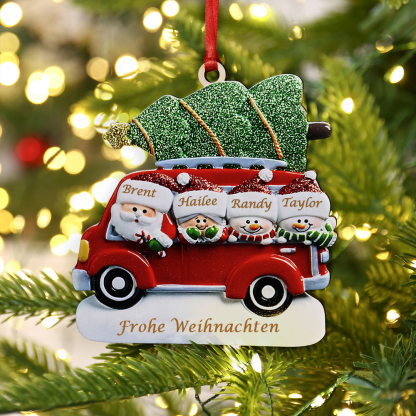 Holz Personalisierte 4 Namen & Text Weihnachtsornament Baum & Auto mit 4 Familienmitgliedern
