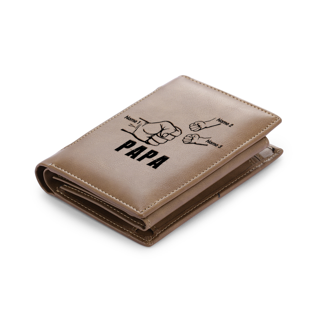 Herren Personalisierte 3 Namen & 2 Texte Leder Papa und Kinder Geldbörse Geschenk für Vater