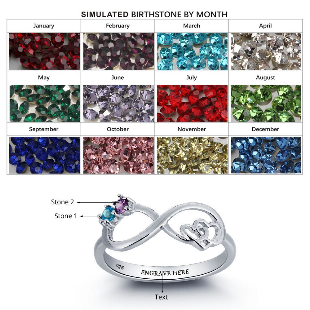 925 Sterling Silber Ring mit 1 Text und 2 Geburtsstein mit Gravuren