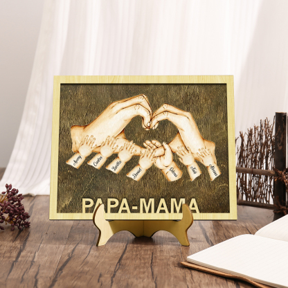 PAPA-MAMA Holz Deko-Personalisierbare 7 Namen Ornament Familie Hand in Hand Holzdekoration für Eltern