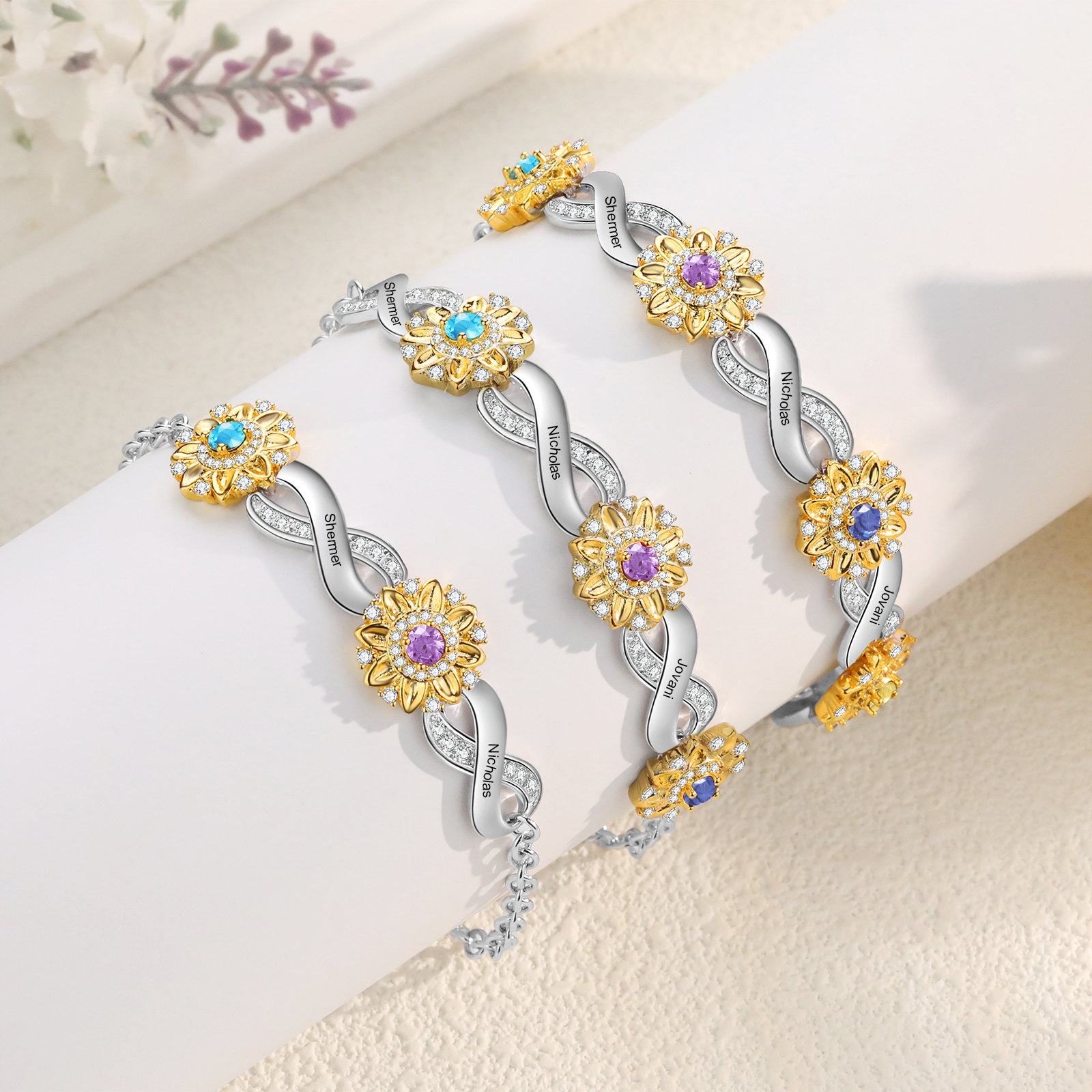 Personalisierte 3 Namen & 3 Geburtssteine Sonnenblume Infinity Armband mit Zirkonia