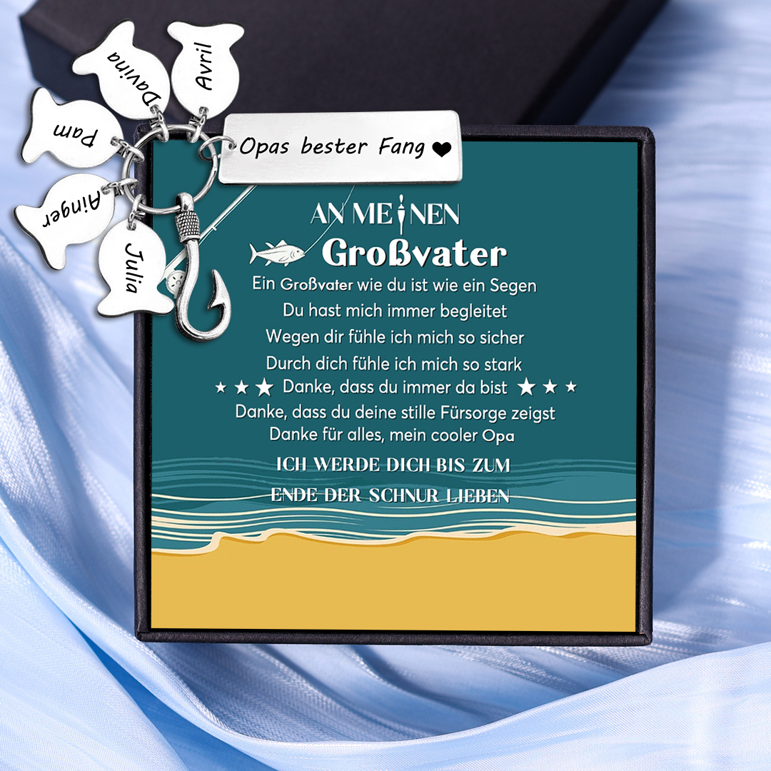 Personalisierte 5 Namen-Opas bester Fang-Schlüsselanhänger-An meinen Großvater-Geschenk mit Nachrichtenkarte