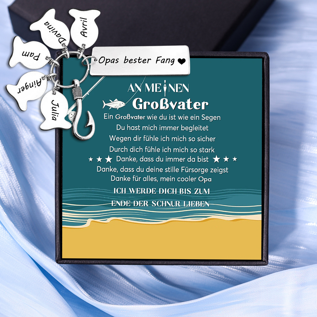 Personalisierte 5 Namen-Opas bester Fang-Schlüsselanhänger-An meinen Großvater-Geschenk mit Nachrichtenkarte