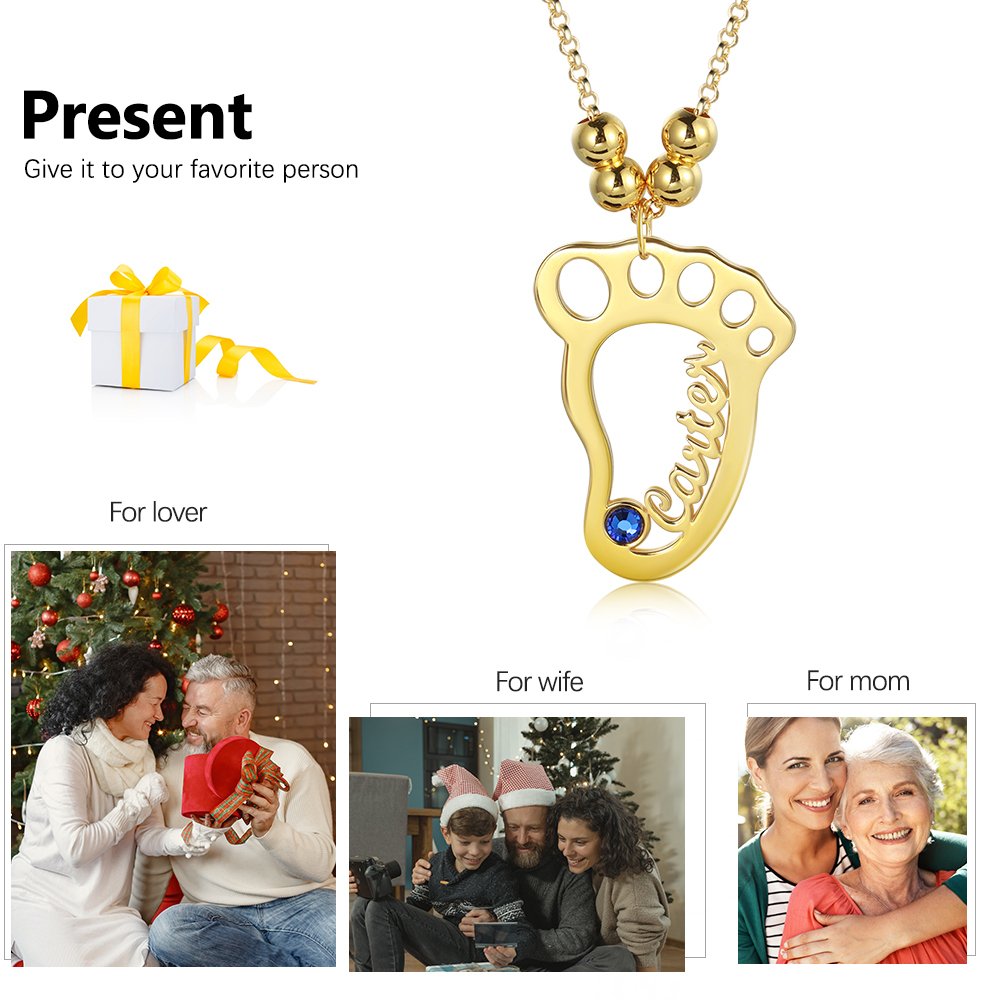 Baby Füße Name Halskette Hohlfüße Gravur 1 Name mit Geburtsstein