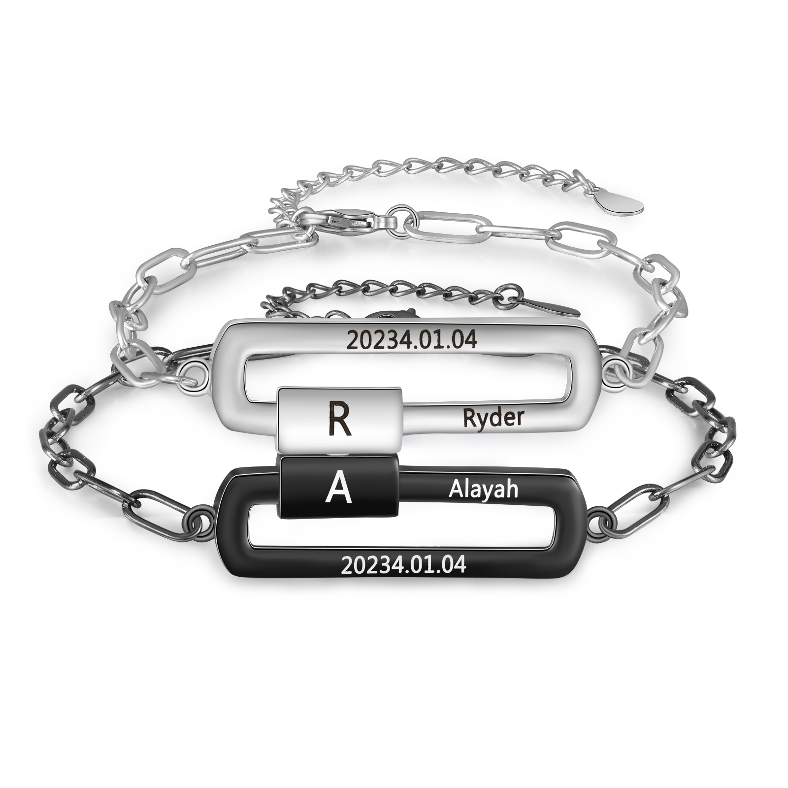 Personalisierte 2 Namen & Buchstaben & Datum Paar Papierklammer Marnet Armbänder