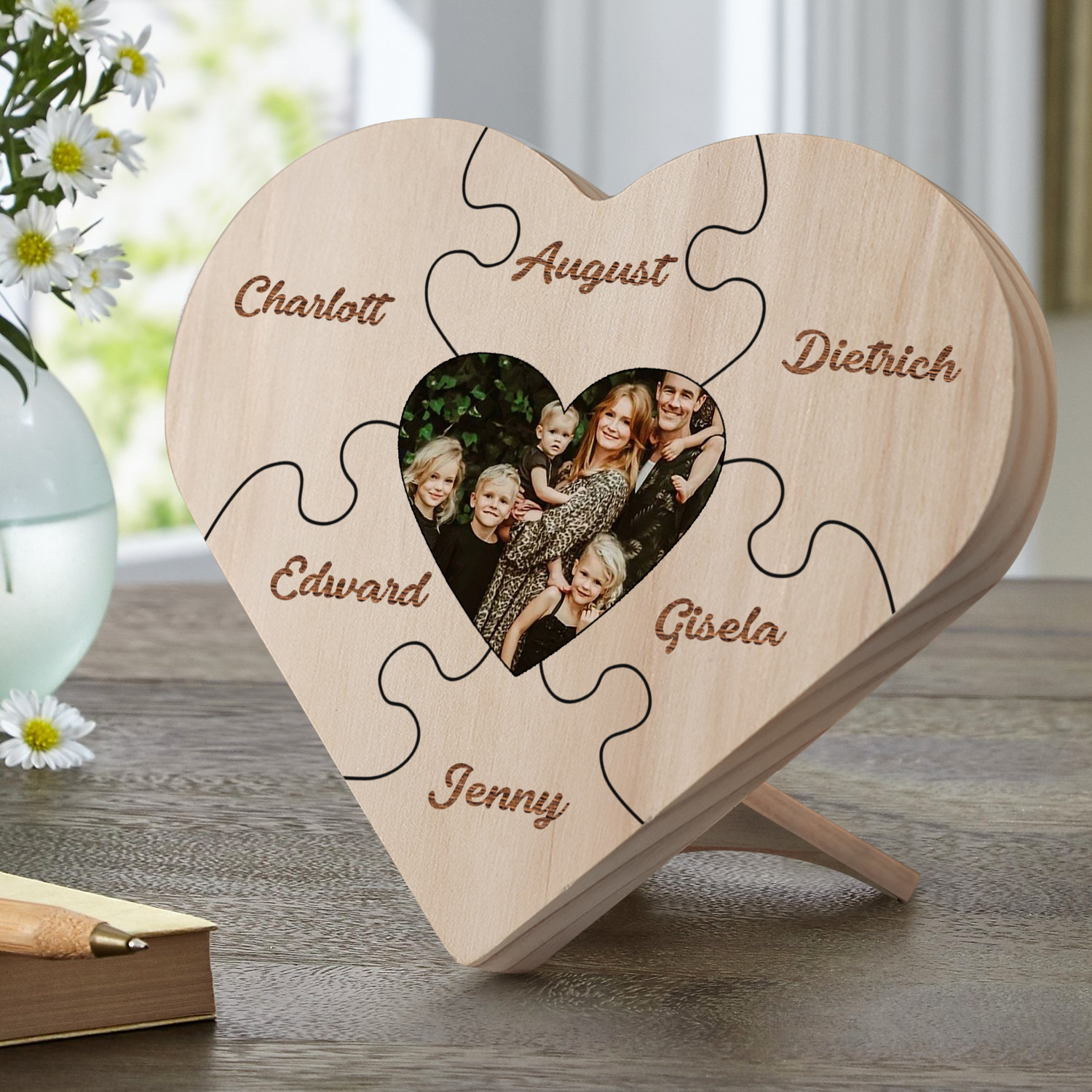 Familie Herzholz-Deko-Personalisiertes Foto & 6 Namen Puzzle Schreibtischdekoration Holz Ornament