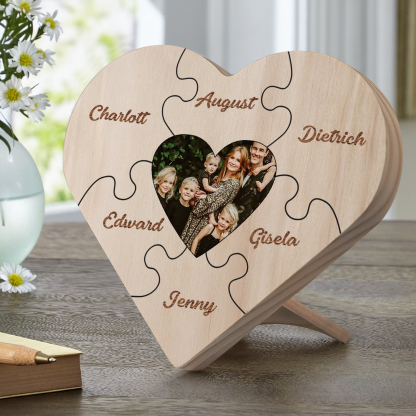 Familie Herzholz-Deko-Personalisiertes Foto & 6 Namen Puzzle Schreibtischdekoration Holz Ornament