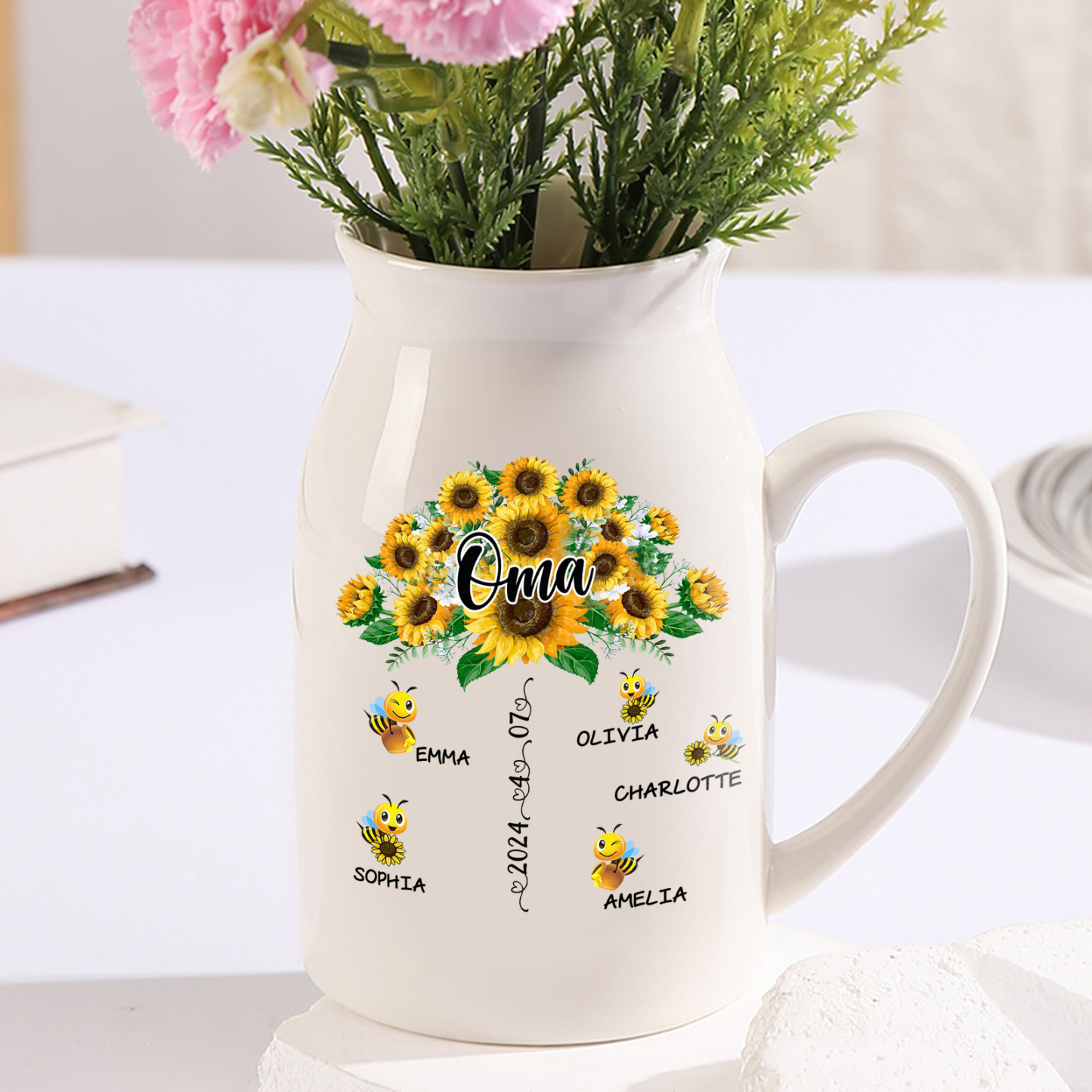 Personalisierte 5 Namen & Text & Datum Sonnenblume & Biene Familie Vase