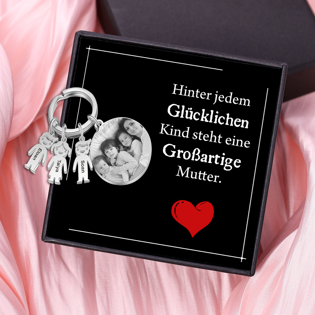 Personalisierter 3 Namen & 1 Foto & 1 Text Schlüsselanhänger-Hinter jedem Glücklichen Kind steht eine Großartige Mutter-Geschenk mit Nachrichtenkarte