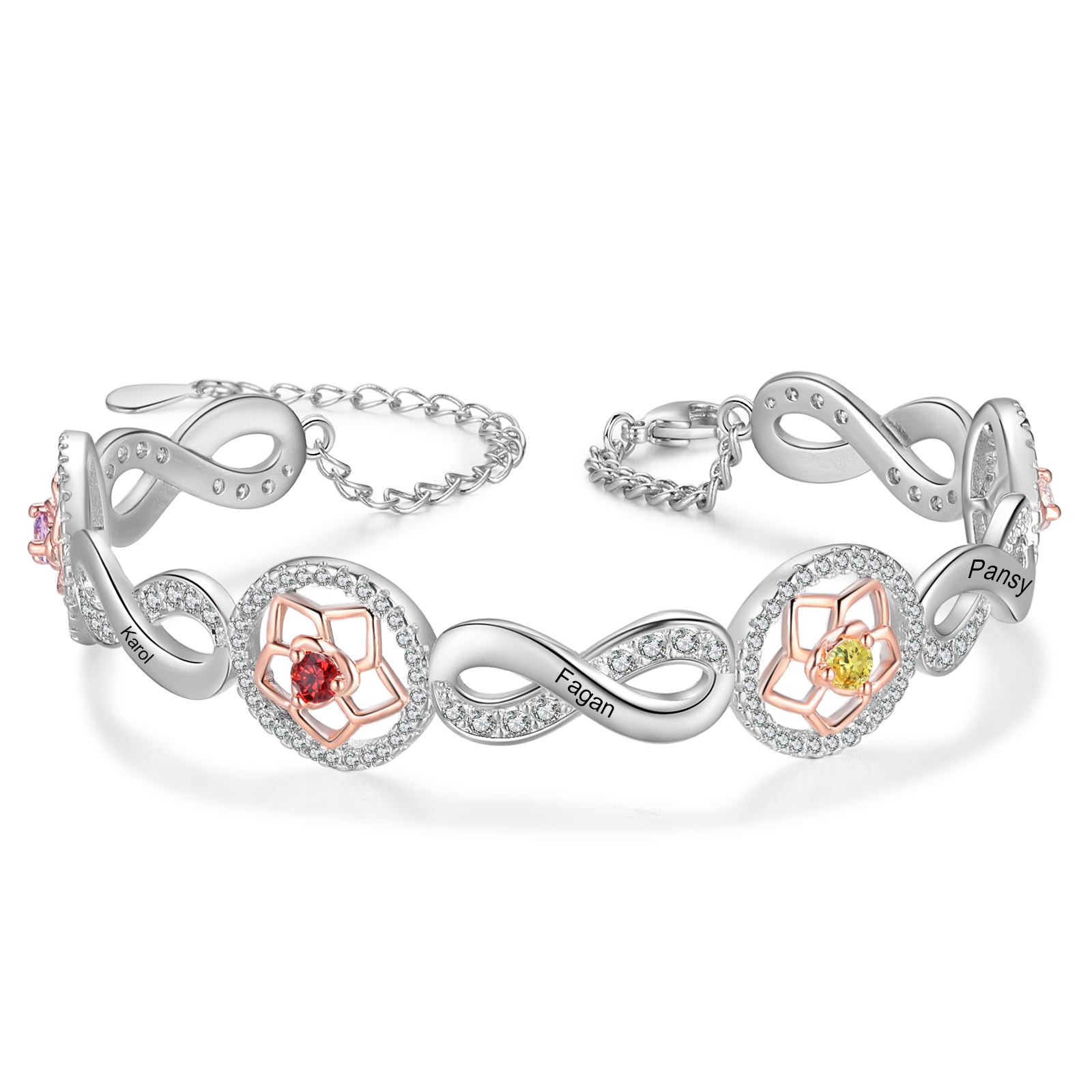 Personalisierte 4 Namen & Geburtssteine Lotusblume Infinity Armband