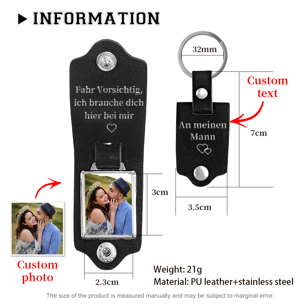 Personalisierter Foto & Text Leder Schlüsselanhänger-Fahr Vorsichtig, ich brauche dich hier bei mir