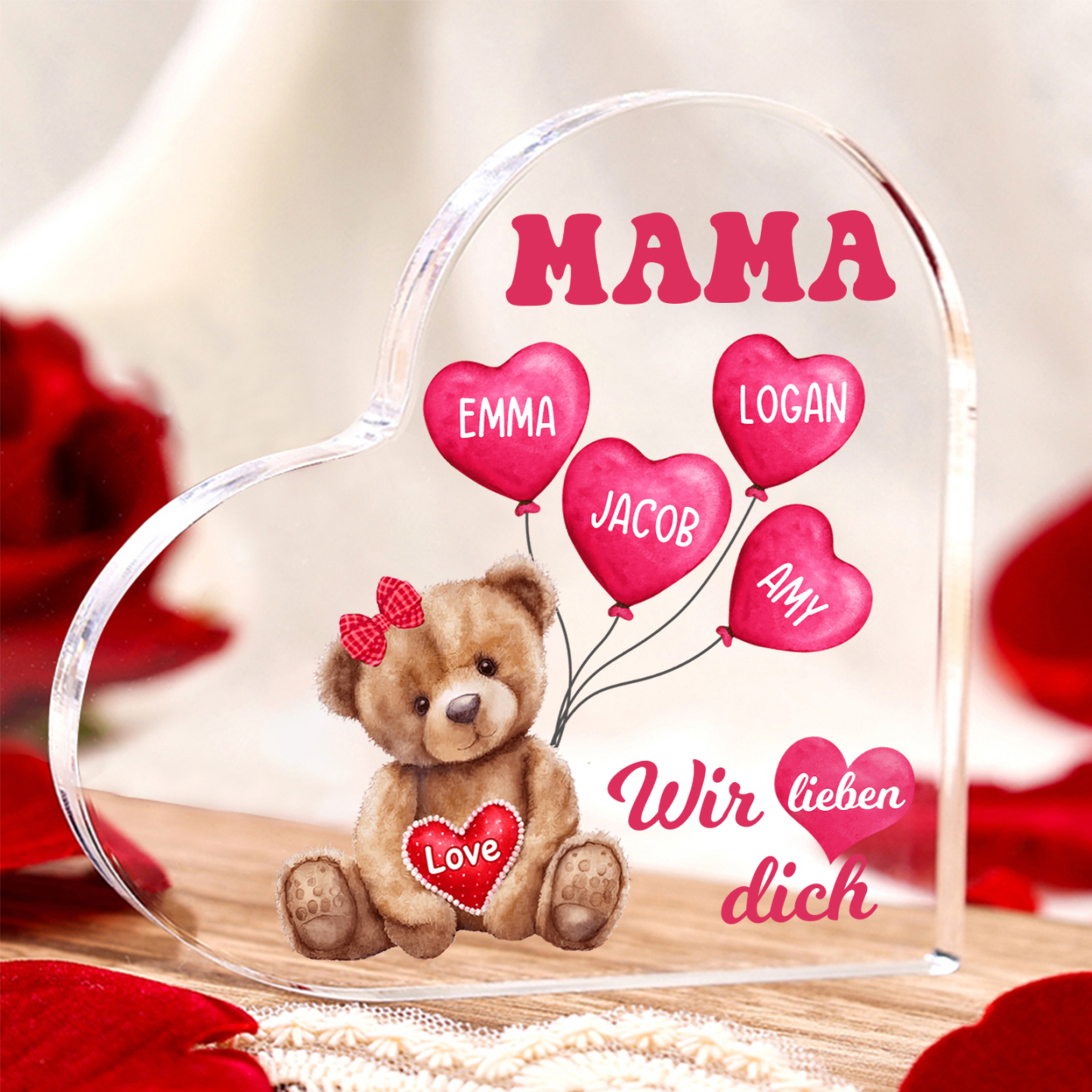 Personalisierte 4 Namen & Text Herz Acryl-Deko Teddybär & Herzballon -Wir lieben dich- Familie Schreibtischdekoration