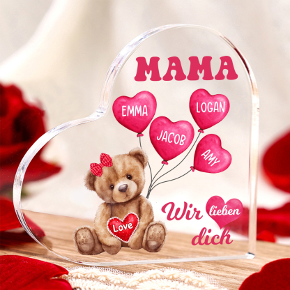 Personalisierte 4 Namen & Text Herz Acryl-Deko Teddybär & Herzballon -Wir lieben dich- Familie Schreibtischdekoration