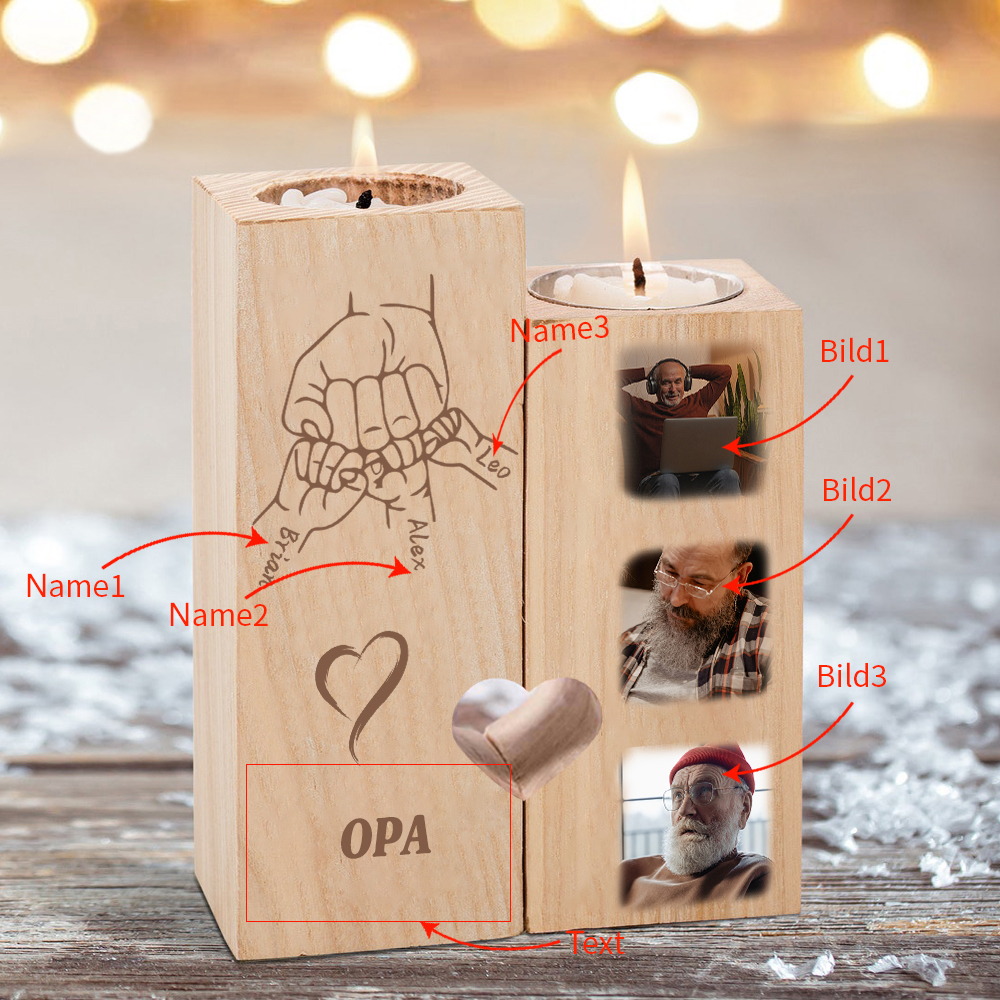 Personalisierter Text & 3 Namen & 3 Foto Kerzenhalter-Kerzenständer für Großvater
