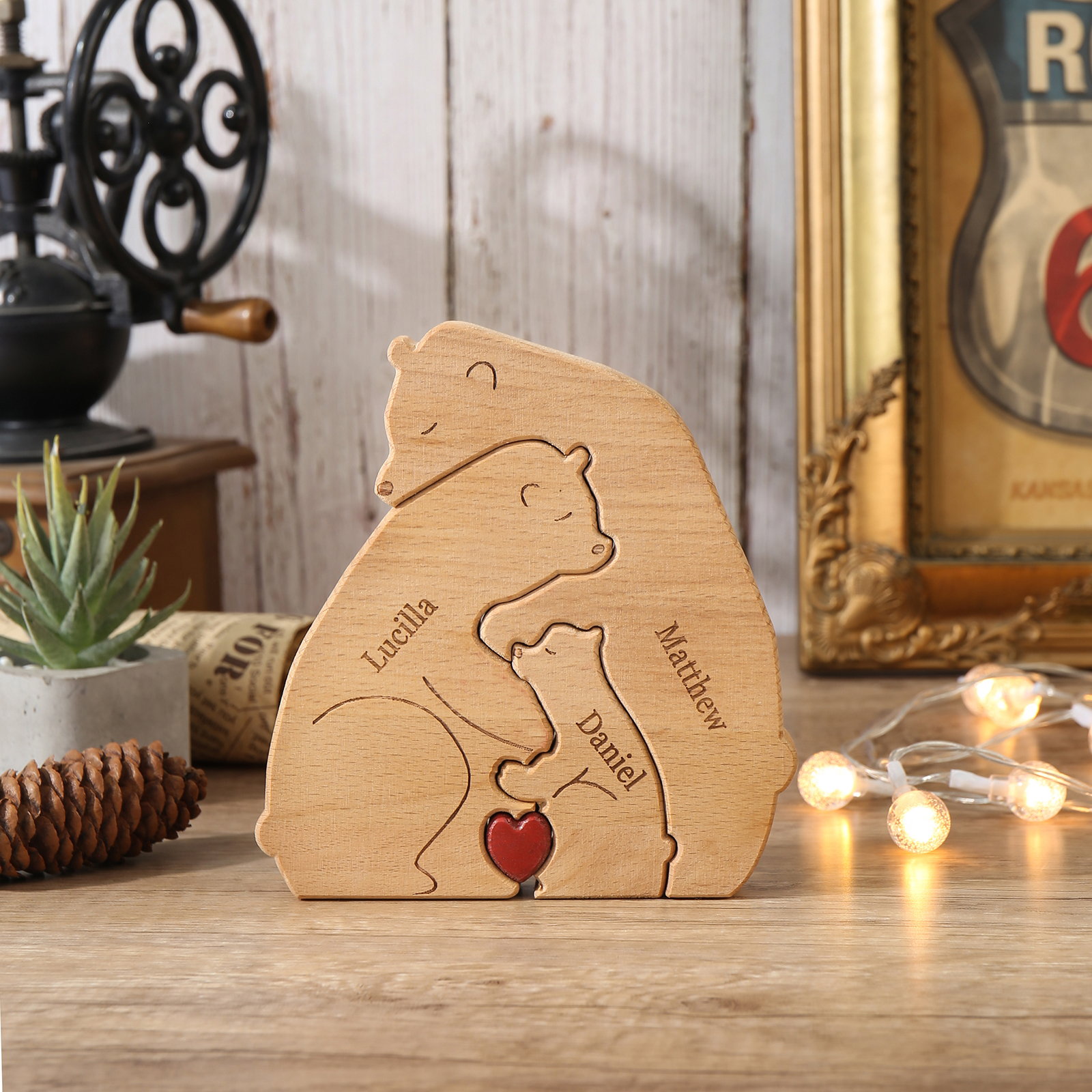 Holzskulptur-Personalisierte 3 Namen Bär Umarmung Familie Holz Deko