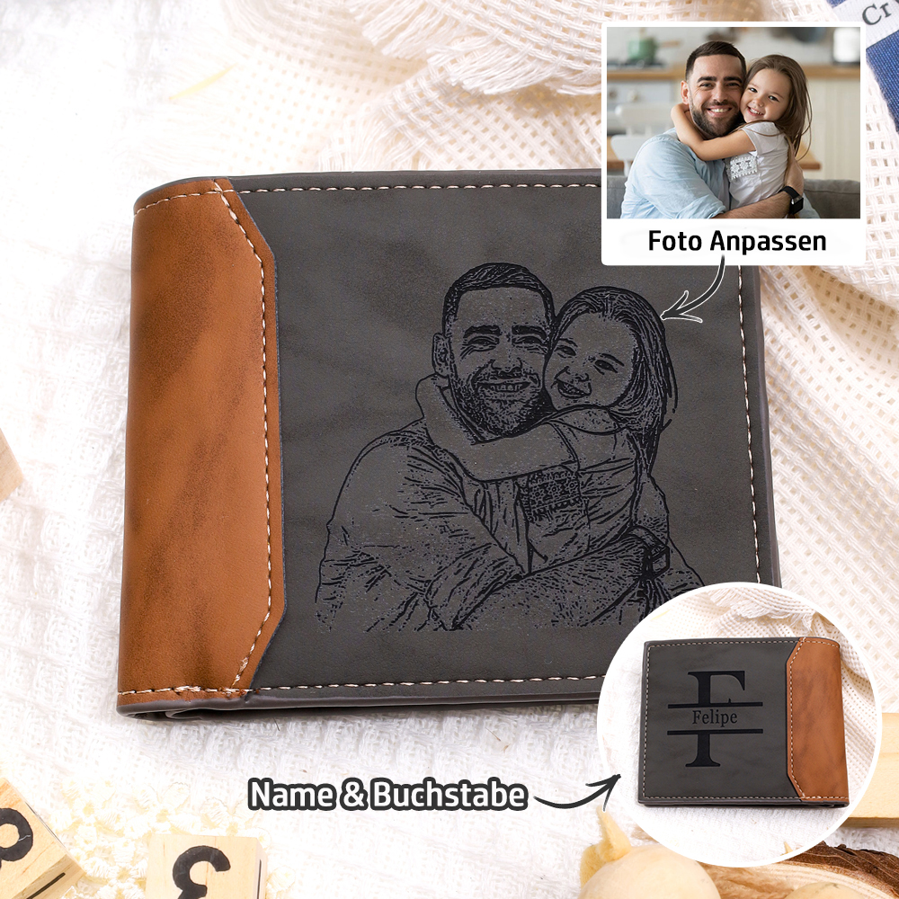 Kettenmachen Herren Personalisierte Foto & Name & Buchstabe Grau Leder Geldbörse-Geschenk für Vater 21.99