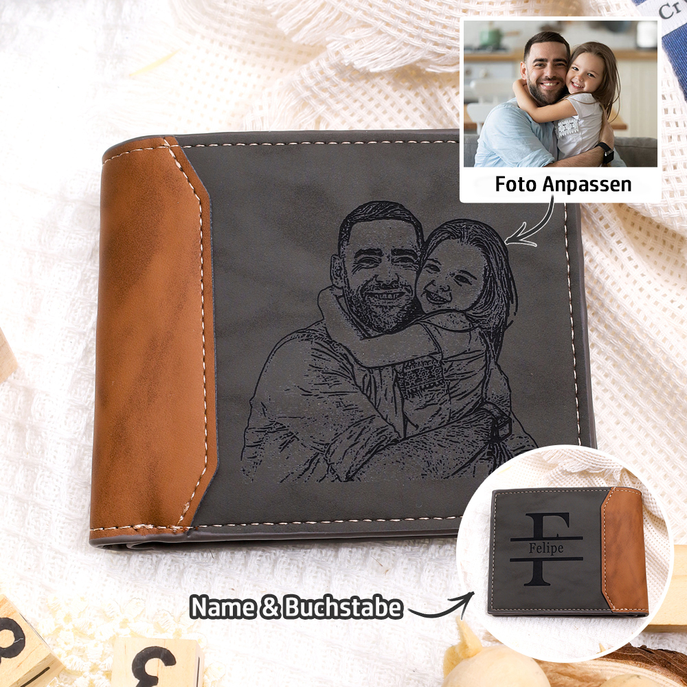Kettenmachen Herren Personalisierte Foto & Name & Buchstabe Grau Leder Geldbörse-Geschenk für Vater 21.99