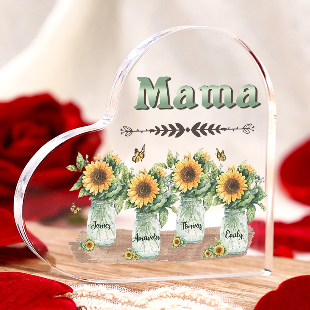 Personalisierte 4 Namen & Text Familie Sonnenblume Acryl-Deko Schreibtischdekoration für Mutter