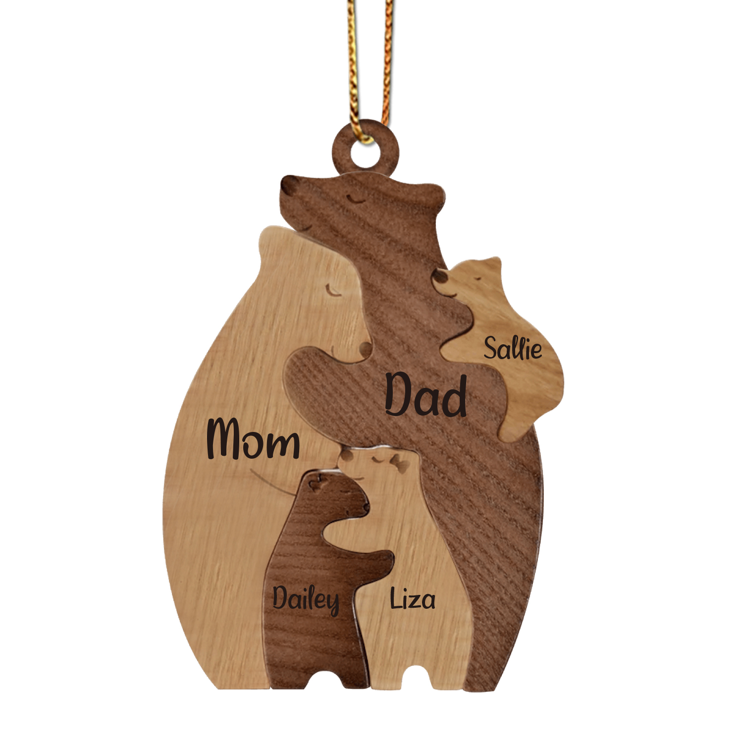 Holz Personalisierte 5 Namen Braunbär Weihnachtsornament mit 5 Familienmitgliedern