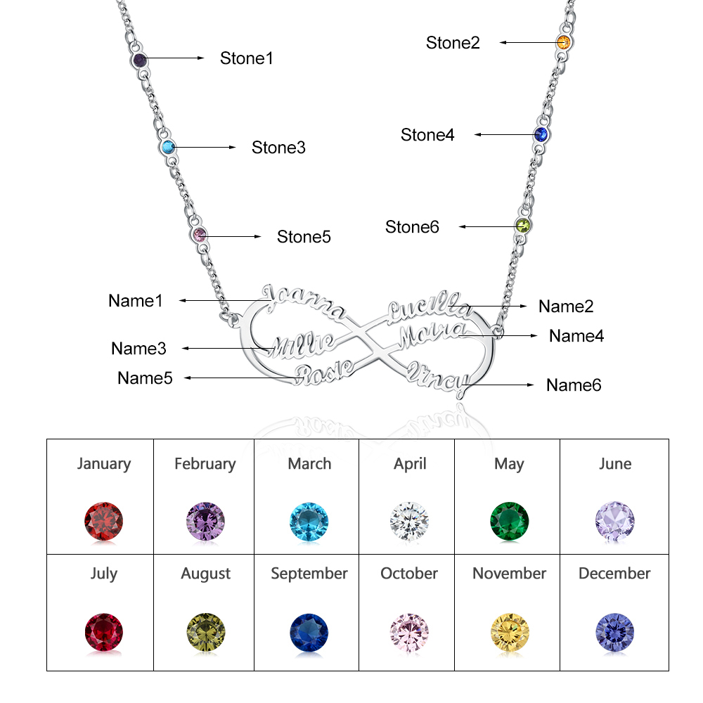 Benutzerdefinierte Unendlichkeit Infinity Halskette mit 6 Geburtssteinen und  6 Namen