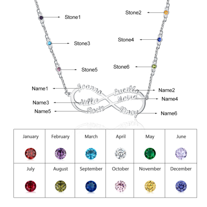 Benutzerdefinierte Unendlichkeit Infinity Halskette mit 6 Geburtssteinen und  6 Namen