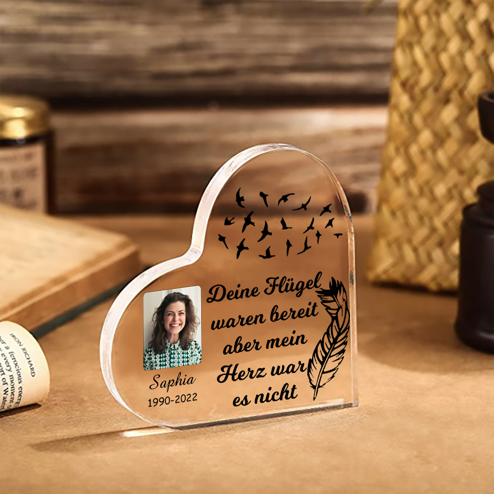 Personalisierter Name & Jahr & Foto Acryl-Deko-Deine Flügel waren bereit aber mein Herz war es nicht-Trauer Schreibtischdekoration