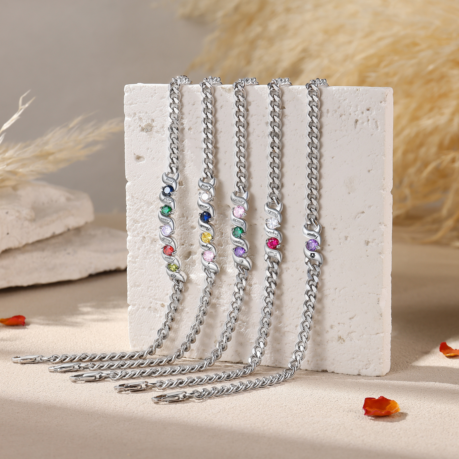 Personalisiertes Cuban Link Armband mit 1–5 Namen und Geburtssteinen