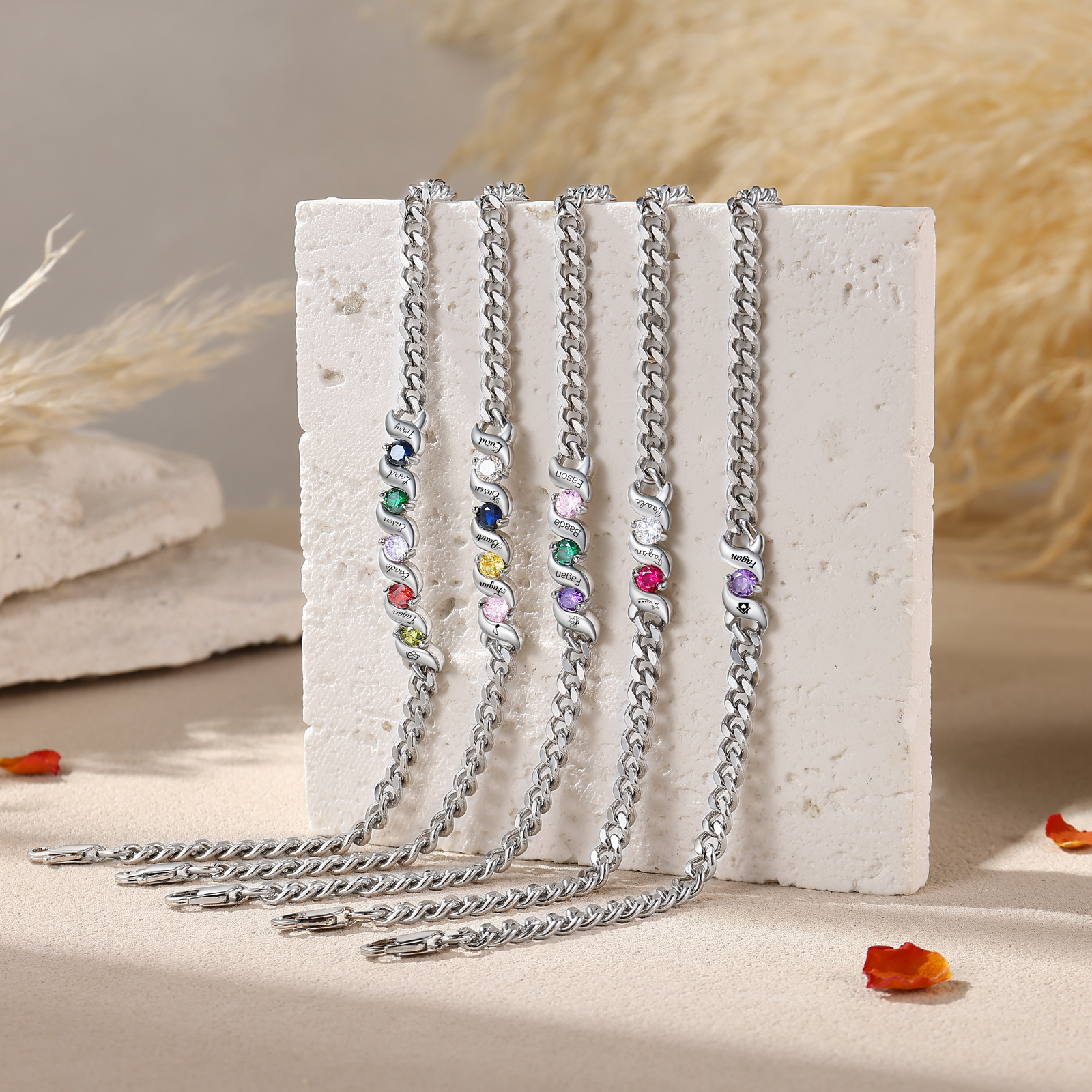 Personalisiertes Cuban Link Armband mit 1–5 Namen und Geburtssteinen