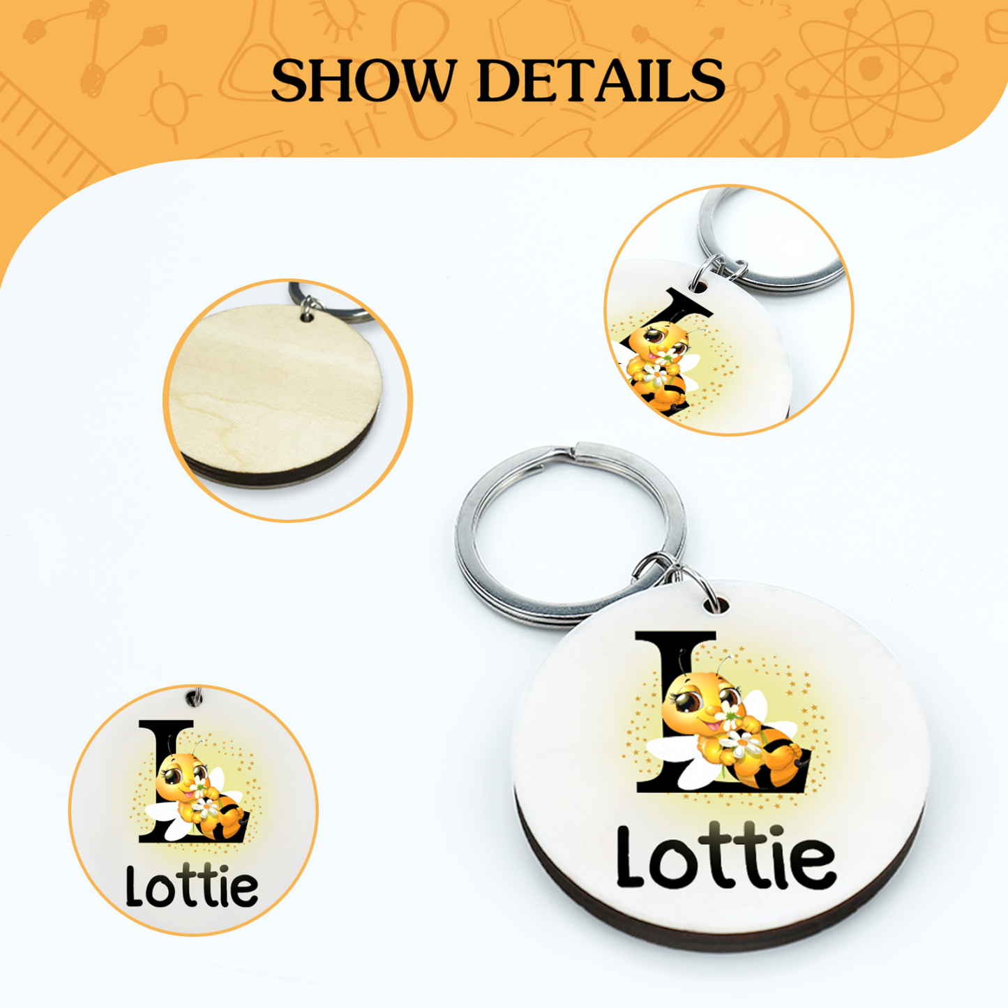 Personalisierter 1 Name & Buchstabe Biene Schulanfang Schlüsselanhänger für Schulkind aus Edelstahl+Holz+Acryl 