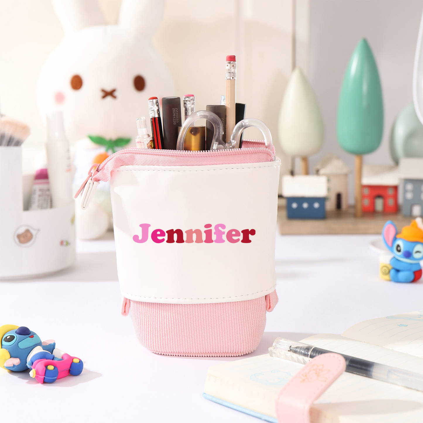 Schulanfang Geschenkset-Personalisierter Name & Datum Einhorn Emaille Tasse & Personalisierter Name Stifteetui & 3 Gummiband Armbänder Set - Geschenk für Schulkind mit Geschenk Box