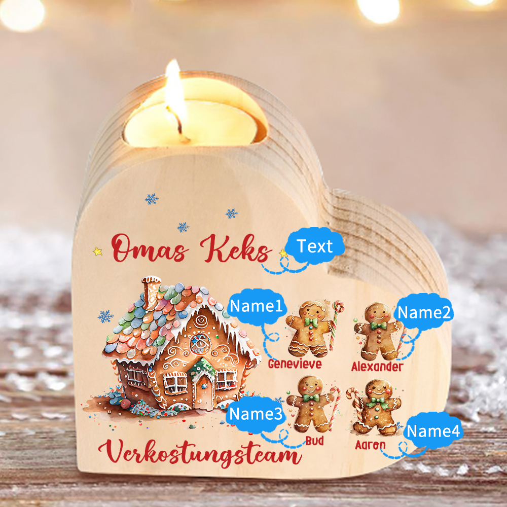 Personalisierter Text & 4 Namen Lebkuchenmann Verkostungsteam Familie Herzform Weihnachten Kerzenhalter