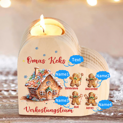 Personalisierter Text & 4 Namen Lebkuchenmann Verkostungsteam Familie Herzform Weihnachten Kerzenhalter