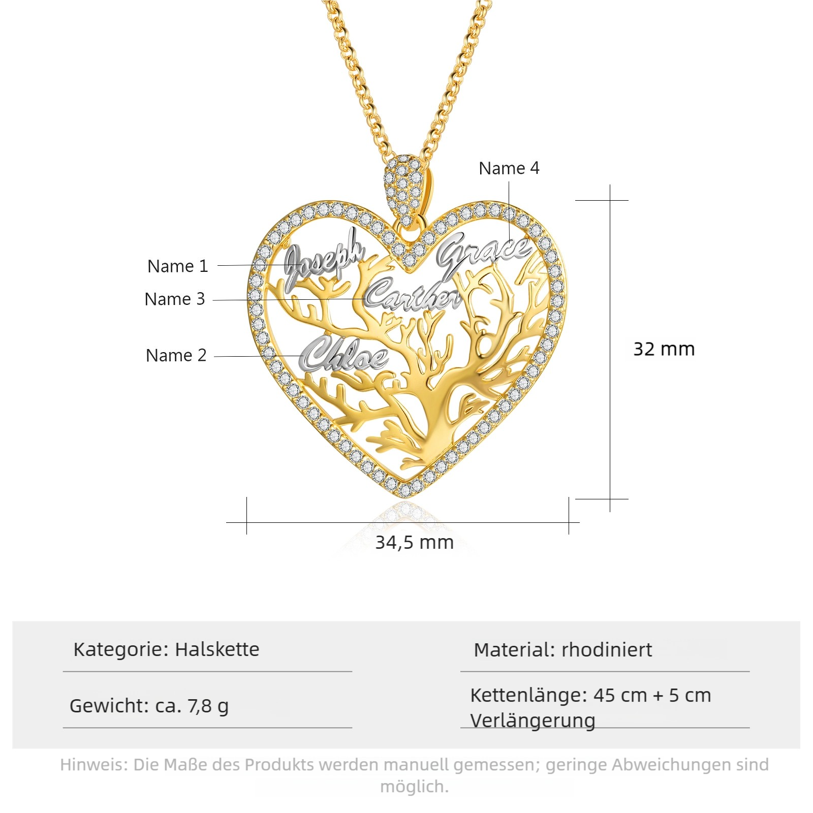 Personalisierte Lebensbaum-Herz-Halskette mit 1–6 Namen