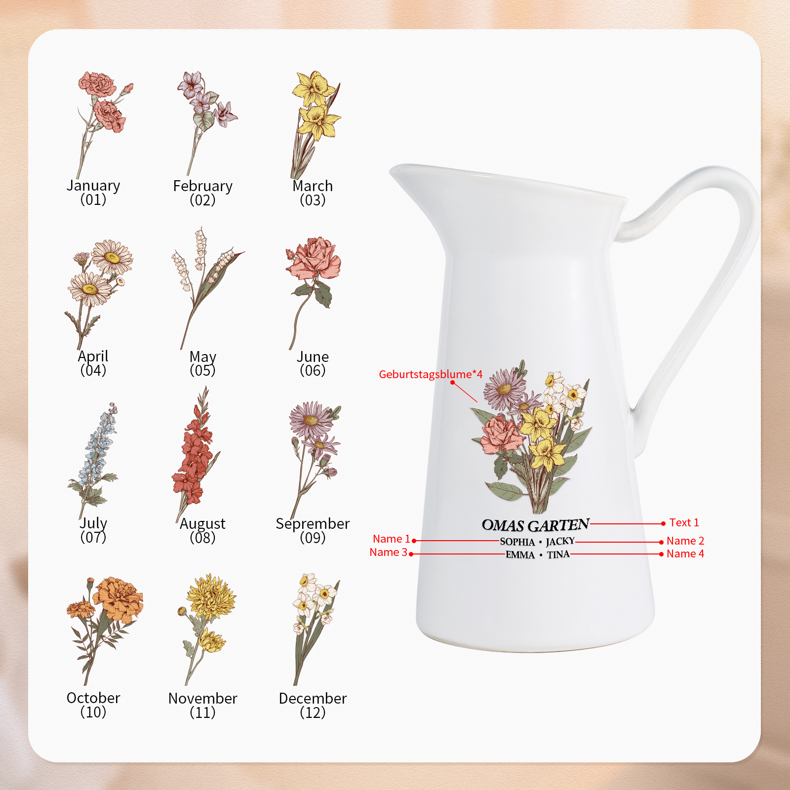 Personalisierte 4 Namen & Geburtsblumen & Text Gießvase mit Henkel Familie Vase