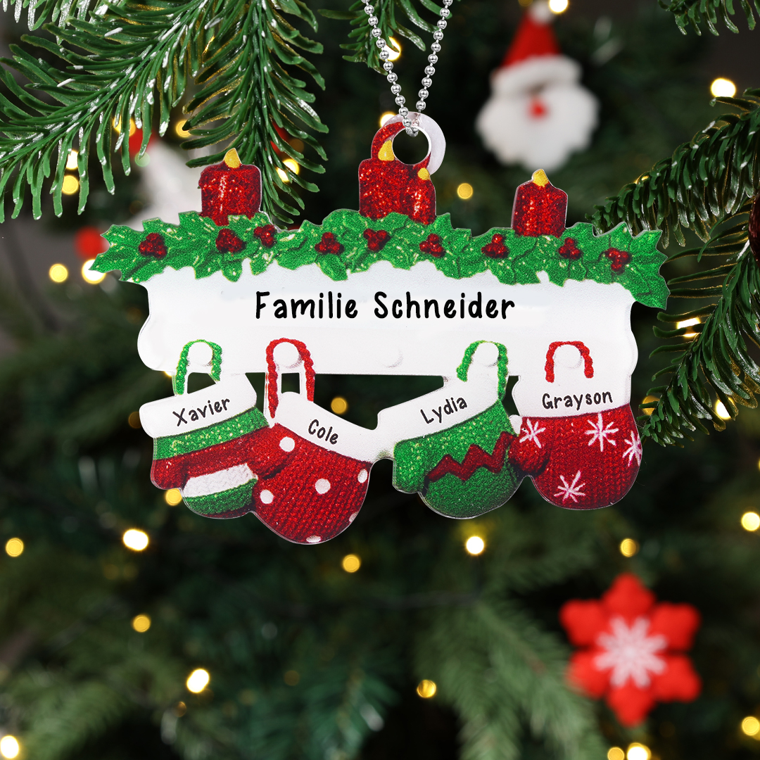 Acryl Personalisierte 4 Namen & Text Handschuhe Weihnachtsornament Weihnachtsbaum Anhänger mit 4 Familienmitgliedern