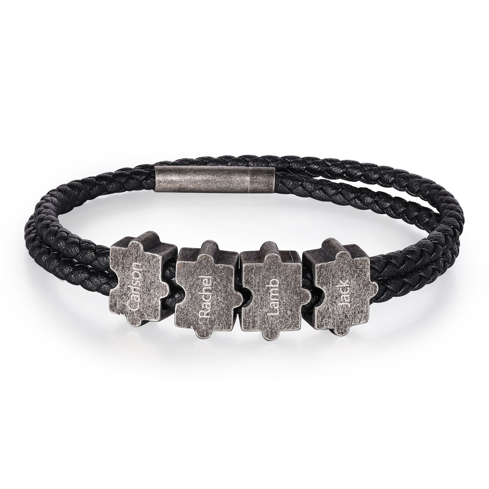 Herren Personalisierte 4 Namen Leder Vintage Armband mit Edelstahl Puzzle