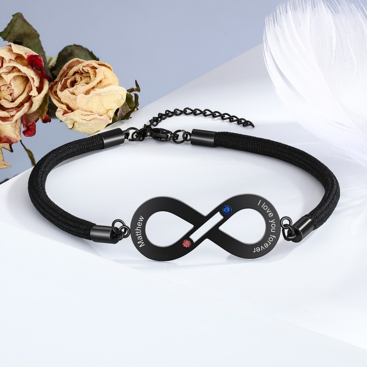 Paar Infinity Armband mit Name, Text und Geburtsstein Graviert, Valentinstag Geschenk Endlosarmband