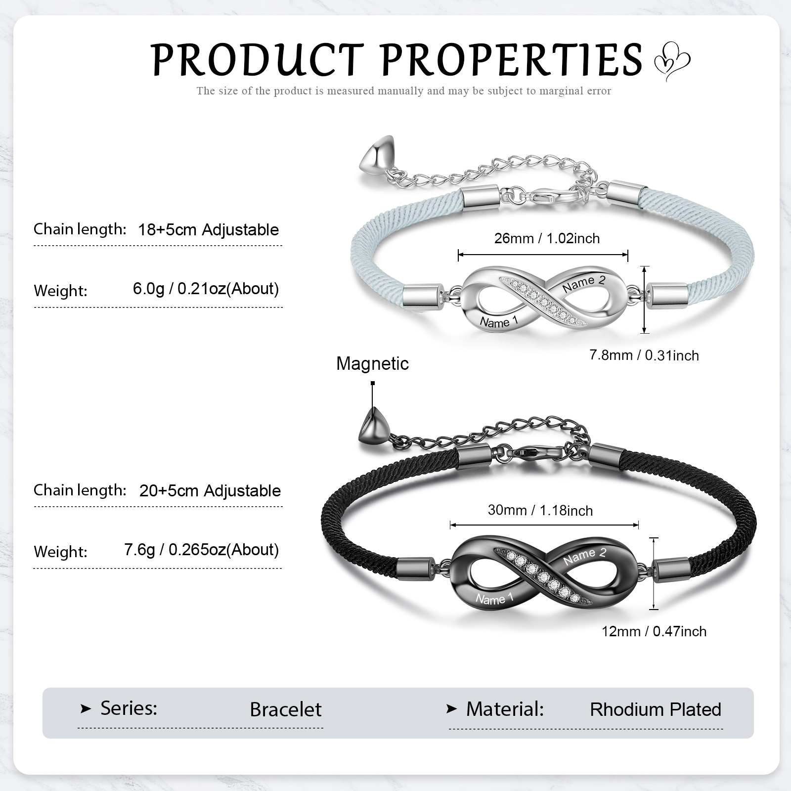 Personalisierte 2 Namen Paar Infinity Herz Magnet Armbänder mit Zirkonia